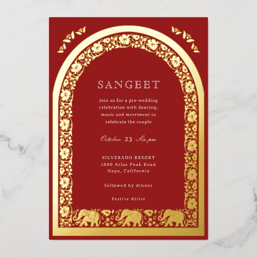 エレファントアンドロータスフラワーインディアンサンゲエ金ゴールド 箔招待状 (正面)