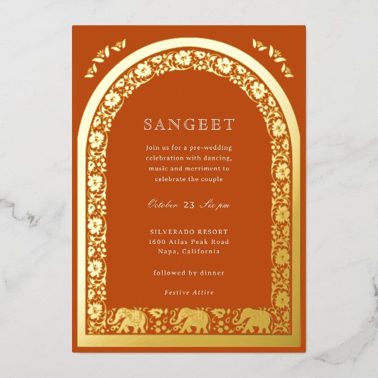 エレファントアンドロータスフラワーインディアンサンゲエ金ゴールド 箔招待状 (正面)