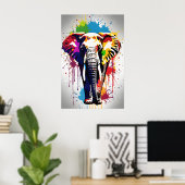 エレファントアートワイルドライフ(ばちゃばちゃ)跳ねるアートレインボーカラー ポスター (ホームオフィス)