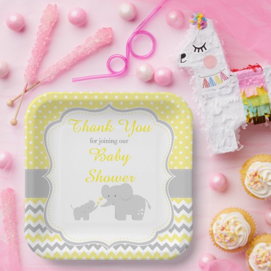 エレファントイエローとグレーのベビーシャワーパーティー ペーパープレート (パーティー)