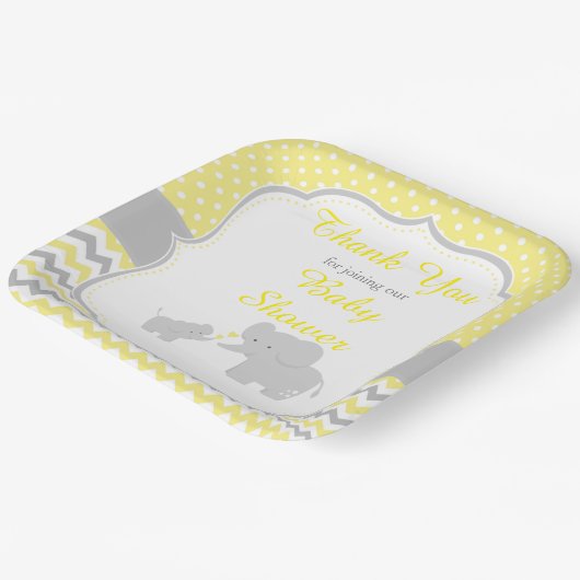 エレファントイエローとグレーのベビーシャワーパーティー ペーパープレート (傾斜あり)