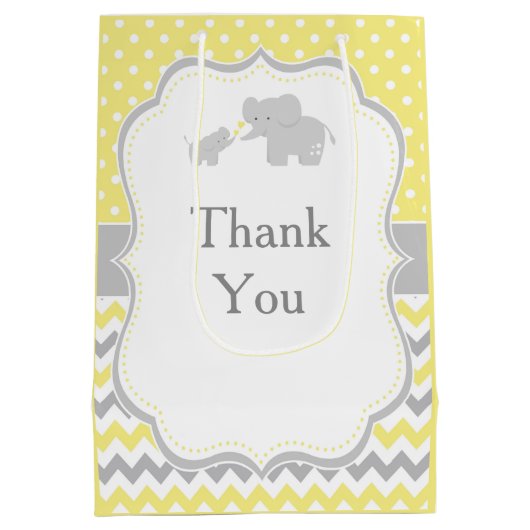 エレファントイエローとグレーの赤ちゃんシャワーありがとう ミディアムペーパーバッグ (裏面)