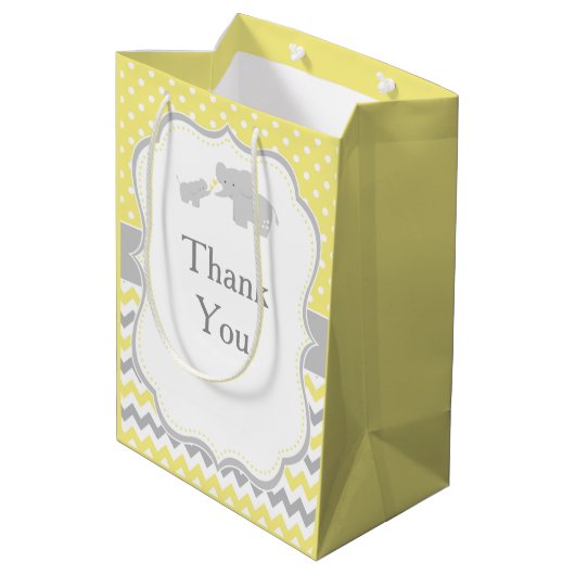 エレファントイエローとグレーの赤ちゃんシャワーありがとう ミディアムペーパーバッグ (裏面アングル)