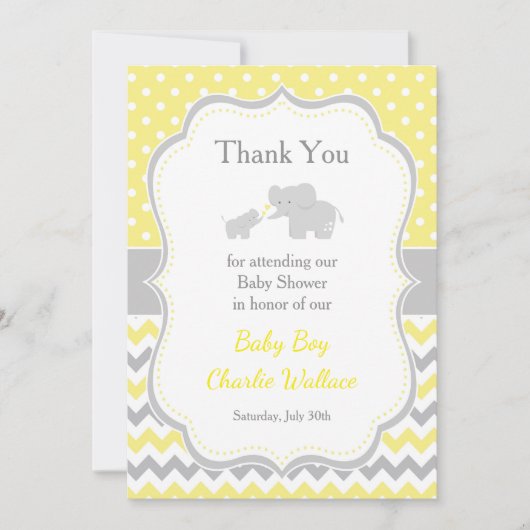 エレファントイエローとグレーの赤ちゃんシャワー サンキューカード (正面)
