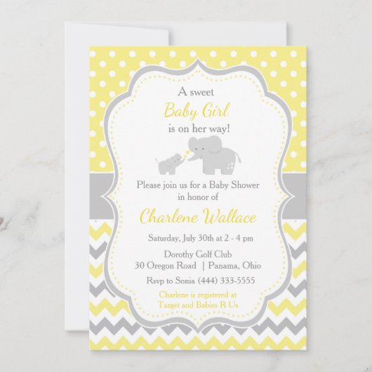 エレファントイエローとグレーの赤ちゃんシャワー 招待状 (正面)