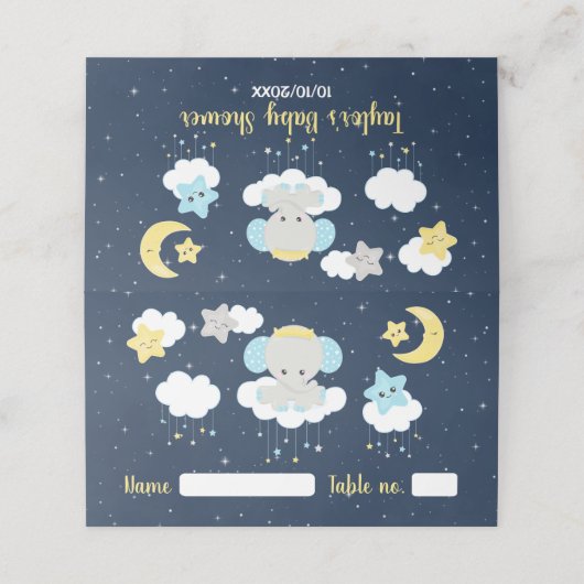 エレファントイエローとネイビーの赤ちゃんシャワーの座席 プレイスカード (外部開封)