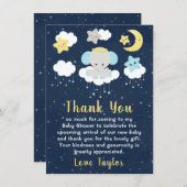 エレファントイエローとネイビーの赤ちゃんシャワー サンキューカード (正面/裏面)