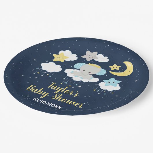 エレファントイエローとネイビーの赤ちゃんシャワー ペーパープレート (アングル)