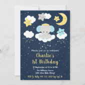 エレファントイエローとネイビーブルーの誕生日パーティー 招待状 (正面)