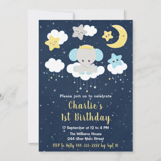 エレファントイエローとネイビーブルーの誕生日パーティー 招待状 (正面)