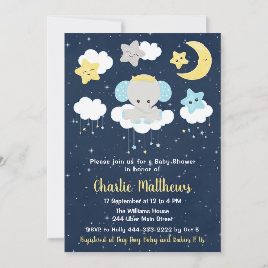 エレファントイエローとネイビーブルーベビーシャワー 招待状 (正面)