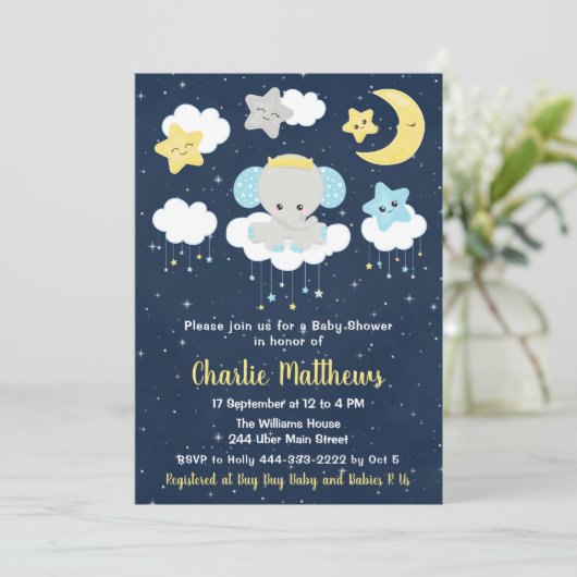 エレファントイエローとネイビーブルーベビーシャワー 招待状 (スタンド正面)