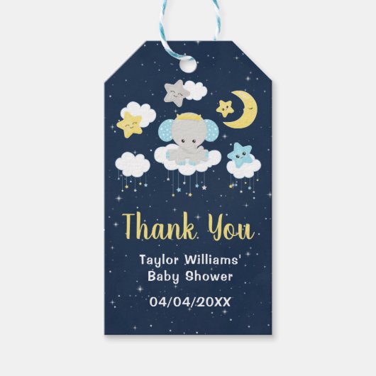 エレファントイエローとネイビー赤ちゃんシャワーありがとう ギフトタグ (正面)