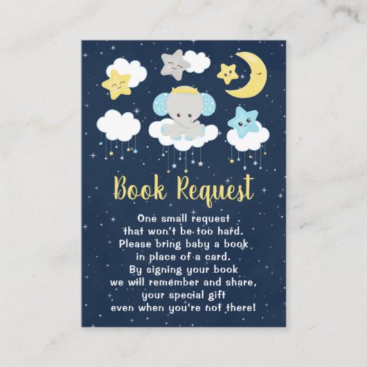 エレファントイエローとネイビー赤ちゃんシャワー予約リクエスト エンクロージャーカード (正面)