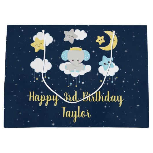 エレファントイエローアンドネイビーハッピーバースデー ラージペーパーバッグ (正面)