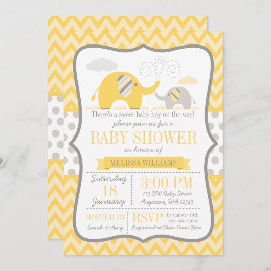 エレファントイエローグレー赤ちゃんシャワー 招待状 (正面/裏面)