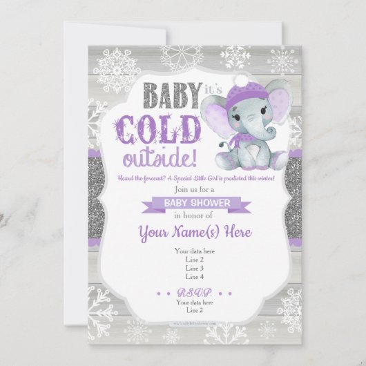 エレファントウィンター招待状ガールシャワーパープル 招待状 (正面)