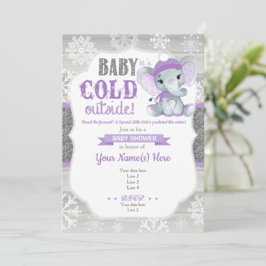 エレファントウィンター招待状ガールシャワーパープル 招待状 (スタンド正面)