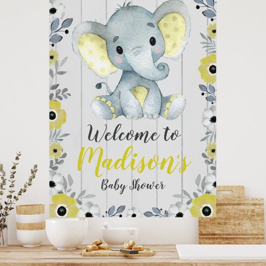 エレファントウェルカムサインポスターイエローグレー3'x4' ポスター (キッチン)