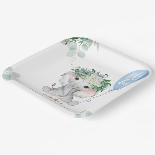 エレファントウォーターカラーブルーバルーンボーイベビーシャワー ペーパープレート (傾斜あり)