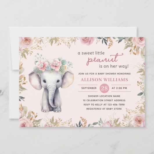 エレファントウォーター色フローラガールベビーシャワー 招待状 (正面)