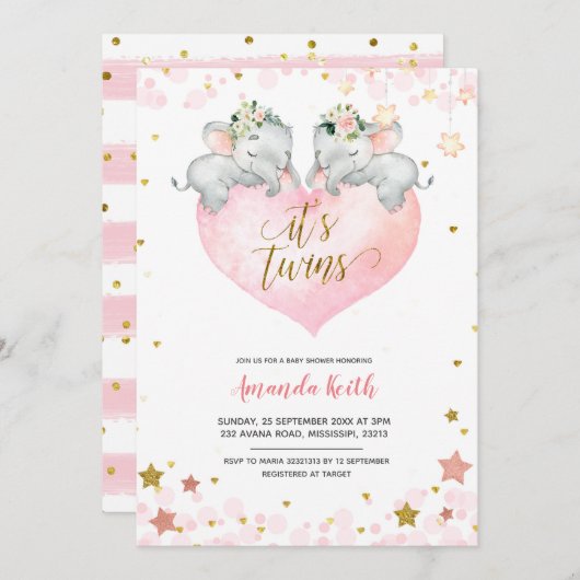 エレファントガールツインズベビーシャワー招待状 招待状 (正面/裏面)