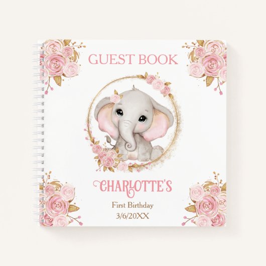 エレファントガールピンクフローラ1stバースデーゲストブック ノートブック (正面)