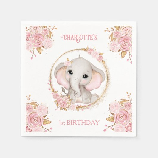 エレファントガールピンクフローラ1stバースデーナプキンス スタンダードカクテルナプキン (正面)
