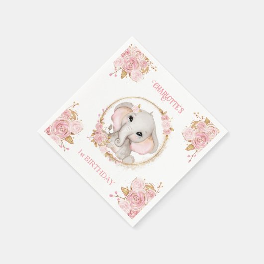 エレファントガールピンクフローラ1stバースデーナプキンス スタンダードカクテルナプキン (角)