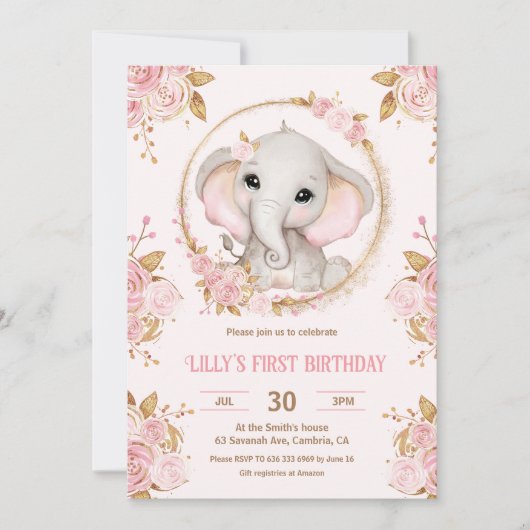 エレファントガールピンクフローラ1st誕生日招待状 招待状 (正面)