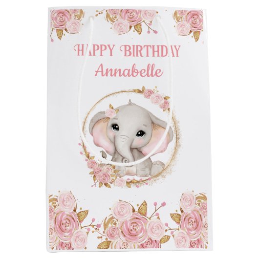 エレファントガールピンク1stバースデーミディアム抱き枕 ミディアムペーパーバッグ (正面)