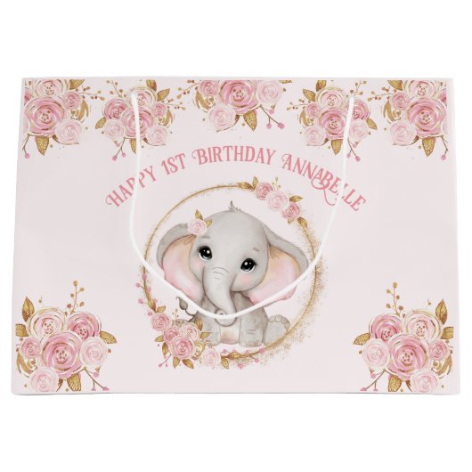 エレファントガールピンク1st誕生日ラージ抱き枕 ラージペーパーバッグ (正面)