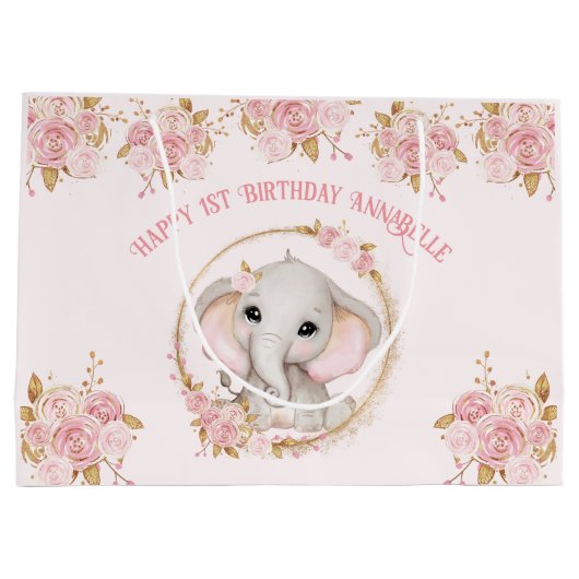エレファントガールピンク1st誕生日ラージ抱き枕 ラージペーパーバッグ (裏面)