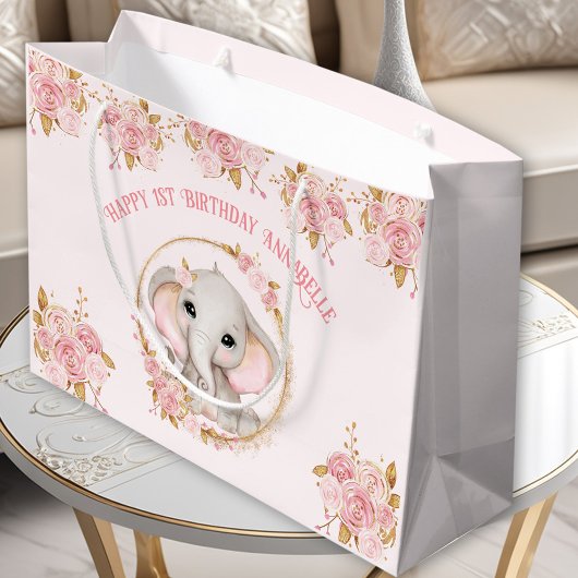 エレファントガールピンク1st誕生日ラージ抱き枕 ラージペーパーバッグ