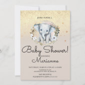 エレファントガールボーイ赤ちゃんシャワーフェイク金ゴールドグリッター 招待状 (正面)