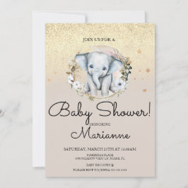 エレファントガールボーイ赤ちゃんシャワーフェイク金ゴールドグリッター 招待状