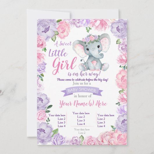 エレファントガール招待状素朴パープルピンク 招待状 (正面)