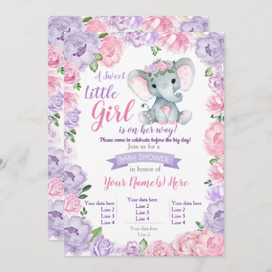 エレファントガール招待状素朴パープルピンク 招待状 (正面/裏面)