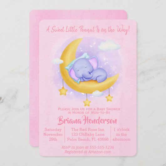 エレファントガール甘い小さなピーナッツ赤ちゃんシャワー 招待状 (正面/裏面)