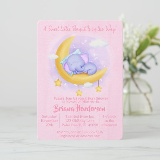 エレファントガール甘い小さなピーナッツ赤ちゃんシャワー 招待状 (スタンド正面)