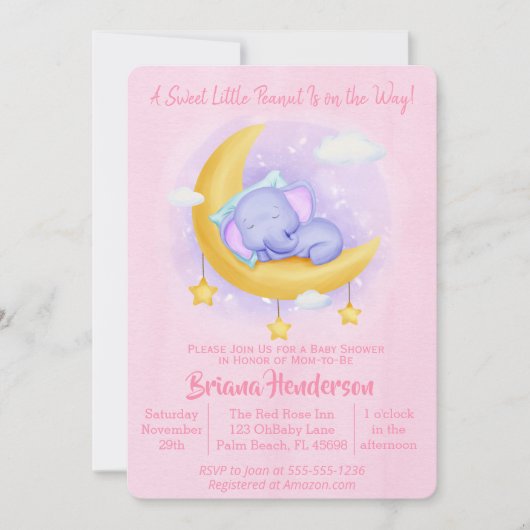 エレファントガール甘い小さなピーナッツ赤ちゃんシャワー 招待状 (正面)