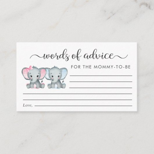 エレファントガール男児ツインズベビーシャワーアドバイス エンクロージャーカード (正面)