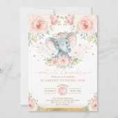 エレファントガール1st誕生日赤面ピンク金ゴールドフローラ 招待状 (正面)