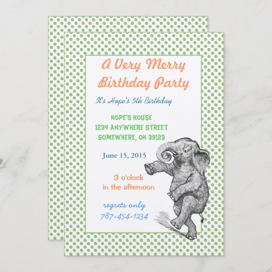 エレファントキリン誕生日パーティー招待状グリーンドット 招待状 (正面/裏面)