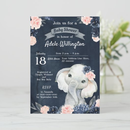 エレファントギフトウォーターカラーフローラネイビーピンクベビー 招待状 (スタンド正面)