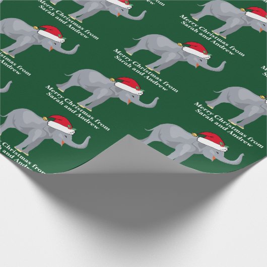 エレファントクリスマスかわいいパーソナライズされたキッズグリーン ラッピングペーパー (角)