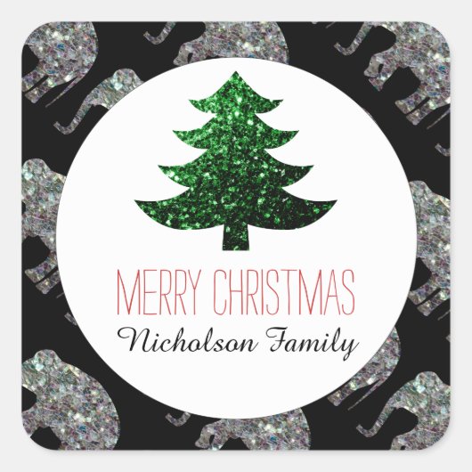 エレファントグリーンクリスマスツリー輝くギフトラベル スクエアシール (正面)