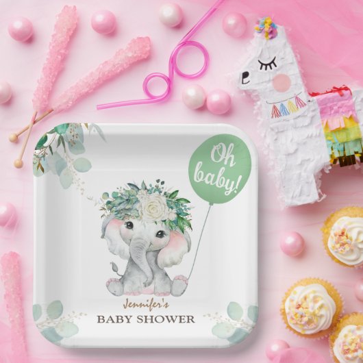 エレファントグリーンバルーン男女兼用ベビーシャワー ペーパープレート (パーティー)