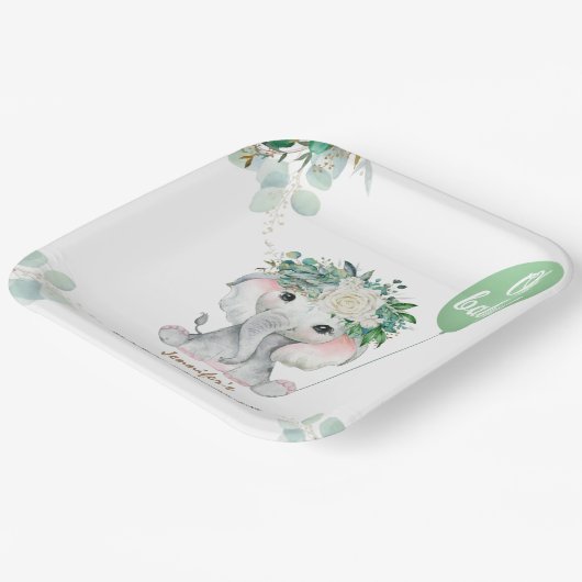 エレファントグリーンバルーン男女兼用ベビーシャワー ペーパープレート (傾斜あり)