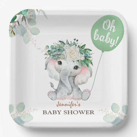 エレファントグリーンバルーン男女兼用ベビーシャワー ペーパープレート (正面)